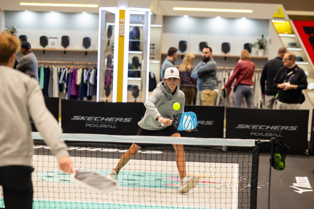 Playing pickleball on the Pickleball Court Installation at the 2025 PGA Show.