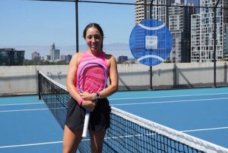 Tennis star Jessica Pegula on a rooftop tennis court