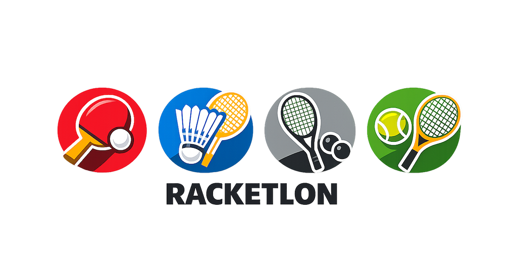 icons of rackets and paddles used in the four sports of Racketlon.