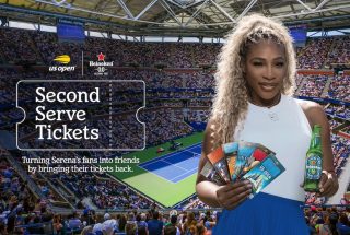 Serena Williams promo holding US Open tickets and beer bottle
