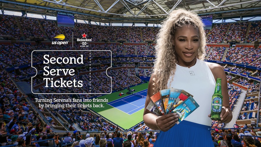 Serena Williams promo holding US Open tickets and beer bottle