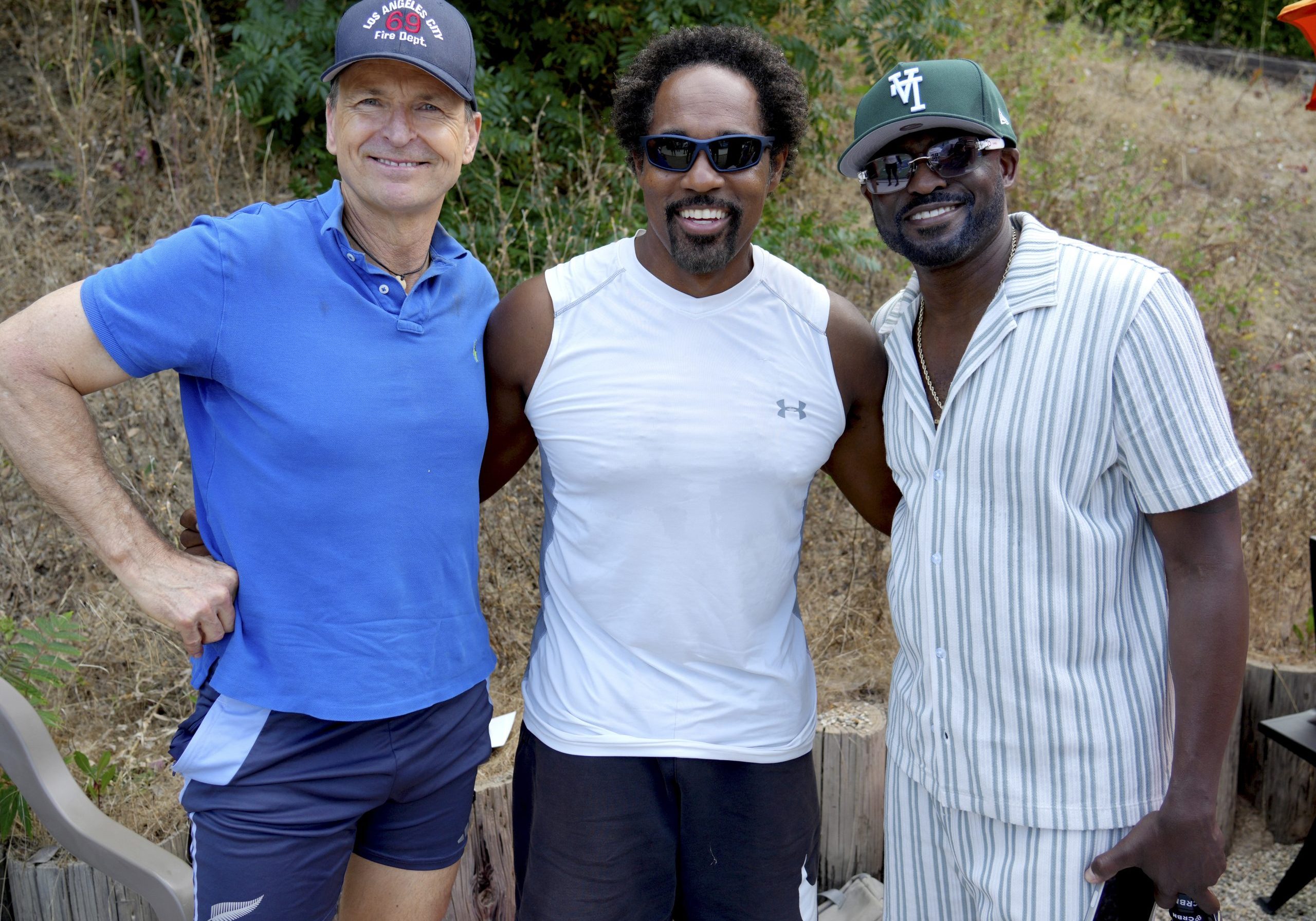 Phil Keoghan, Jason George and Wayne Brady enjoy a great day of play at the Emmys Pickleball Slam presented by the Television Academy Foundation at The Calabasas Pickleball Club on Sunday, May 17, 2026, in Calabasas, Calif. (Photo by Joradn Strauss/Invision for the Television Academy/AP Images)
