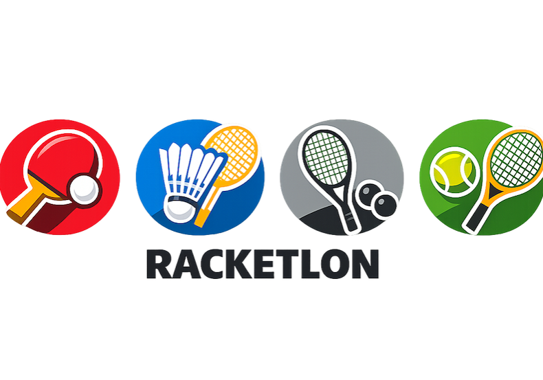 icons of rackets and paddles used in the four sports of Racketlon.