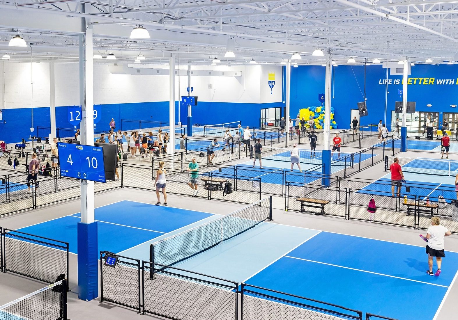 Inside one of Pickleball Kingdom's state-of-the-art indoor pickleball facilities.
